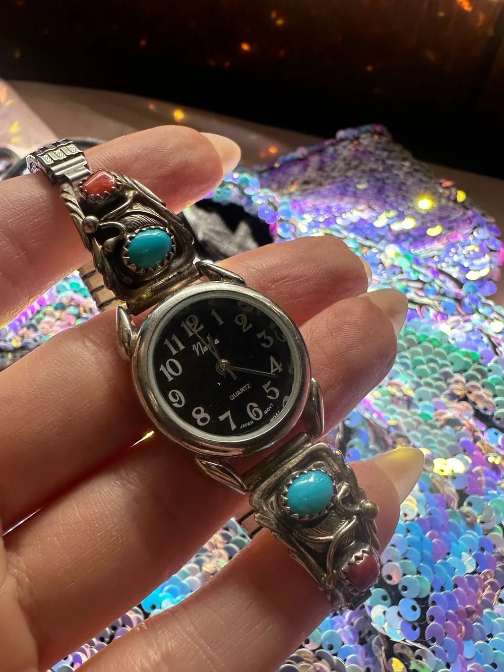 Running Bear Trading Co. • Vintage Sterling Turquoise & Coral Watch